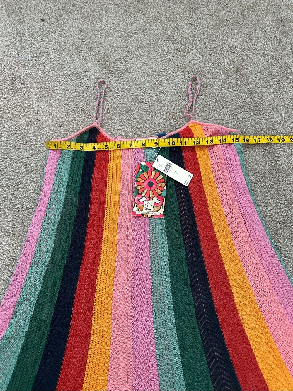 Farm Rio Crochet Rainbow Stripe Mini Dress NWT Size S Lace Up Back - Picture 6 of 14